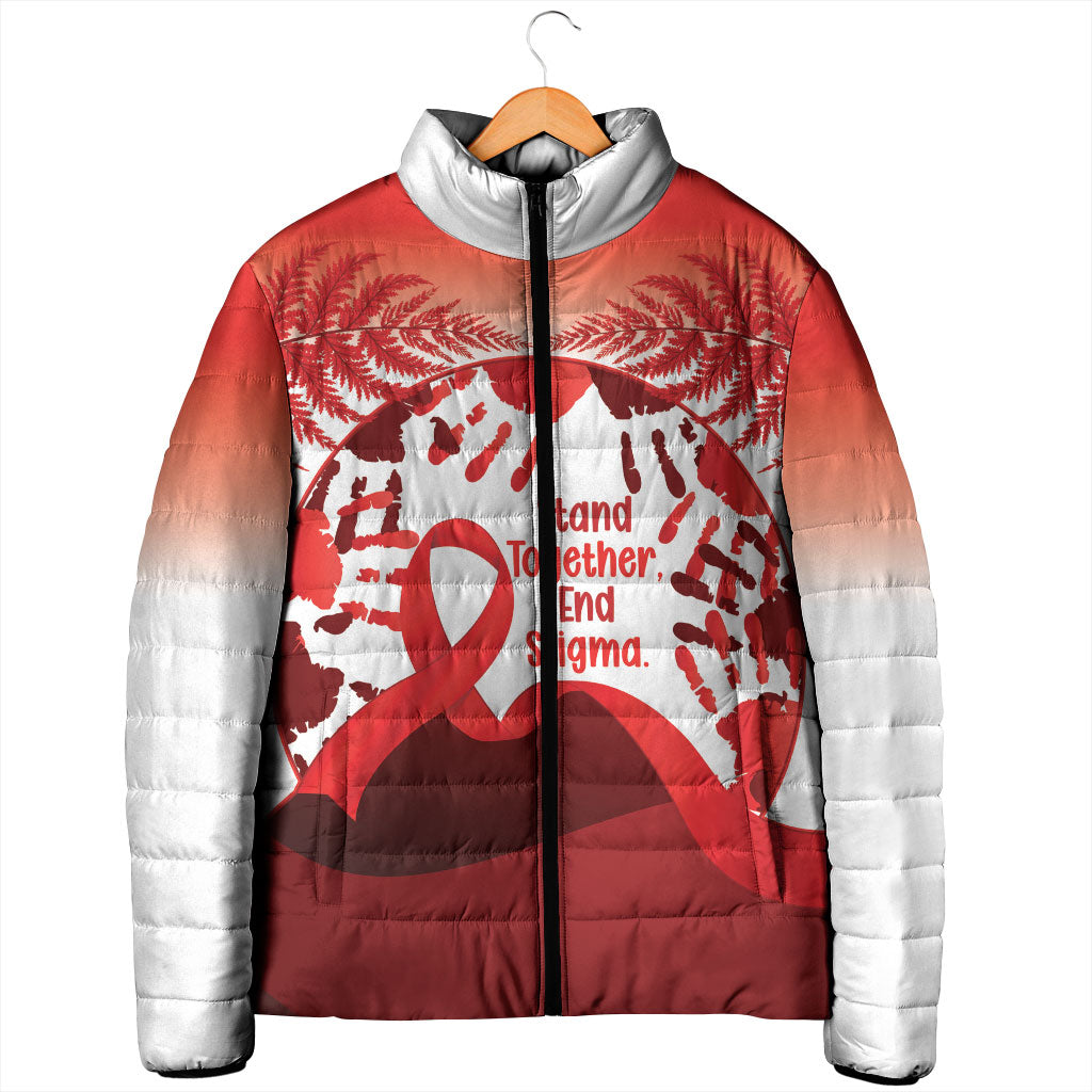 Red Ribbon Day New Zealand Padded Jacket Stand Together End Stigma NZ Fern