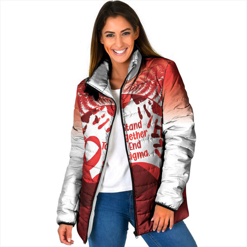 Red Ribbon Day New Zealand Padded Jacket Stand Together End Stigma NZ Fern