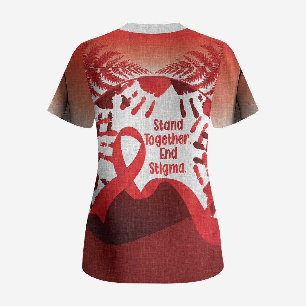 Red Ribbon Day New Zealand Scrub Top Stand Together End Stigma NZ Fern
