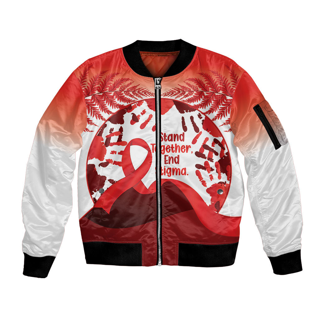 Red Ribbon Day New Zealand Sleeve Zip Bomber Jacket Stand Together End Stigma NZ Fern