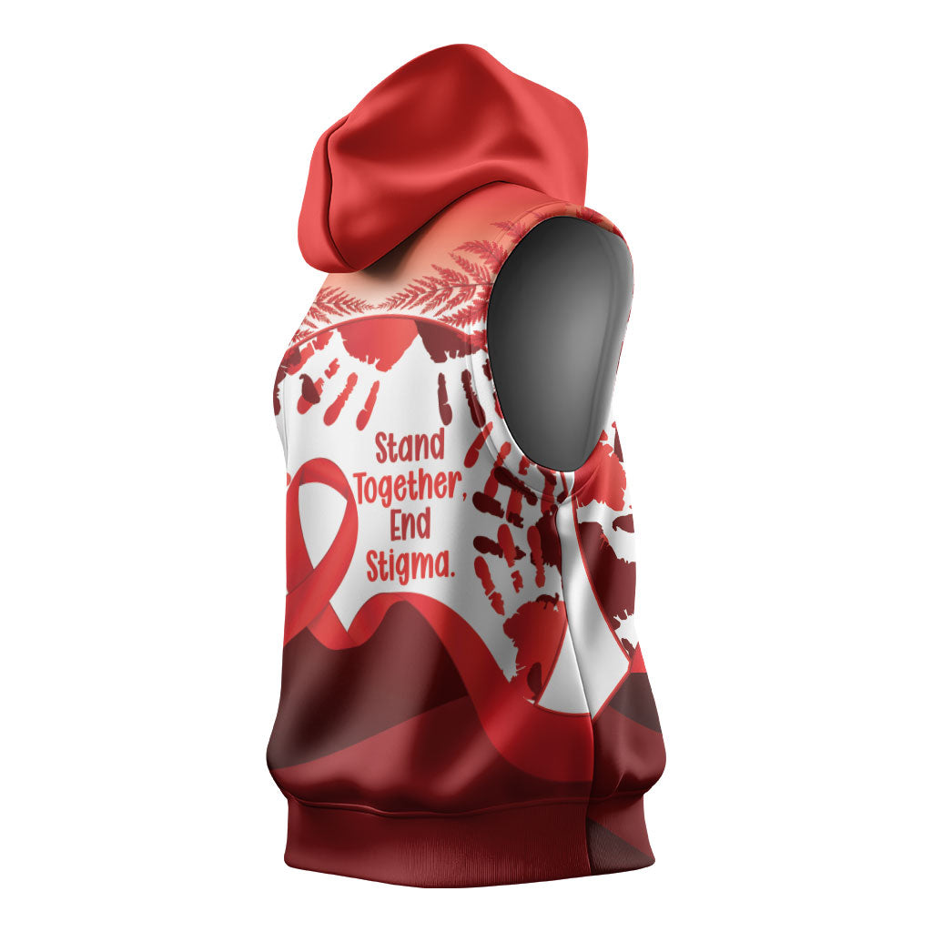 Red Ribbon Day New Zealand Sleeveless Hoodie Stand Together End Stigma NZ Fern