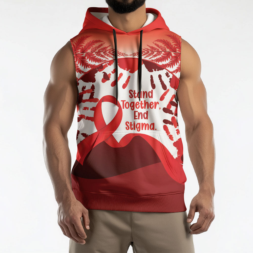 Red Ribbon Day New Zealand Sleeveless Hoodie Stand Together End Stigma NZ Fern