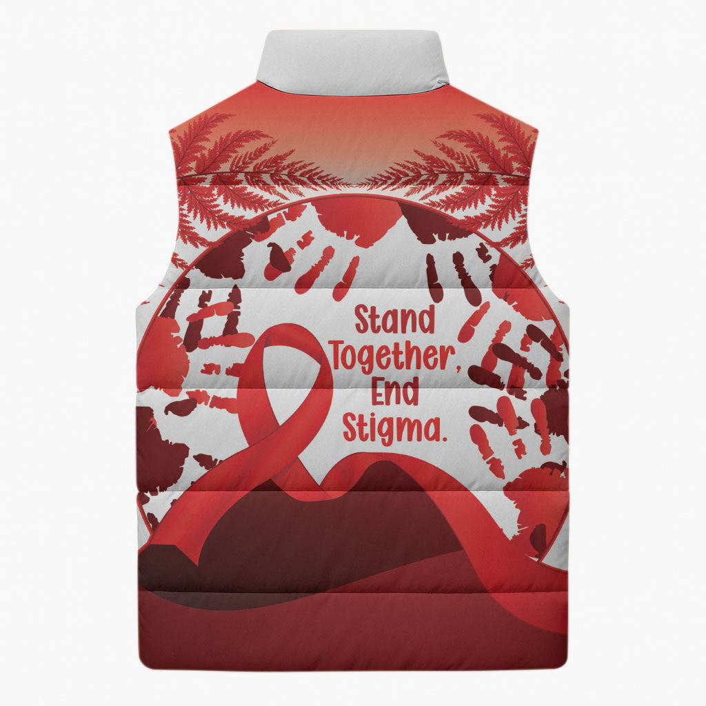 Red Ribbon Day New Zealand Sleeveless Puffer Jacket Stand Together End Stigma NZ Fern