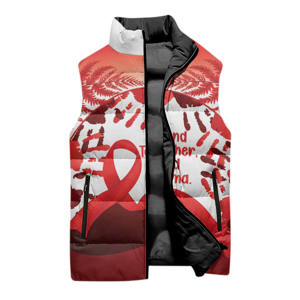 Red Ribbon Day New Zealand Sleeveless Puffer Jacket Stand Together End Stigma NZ Fern