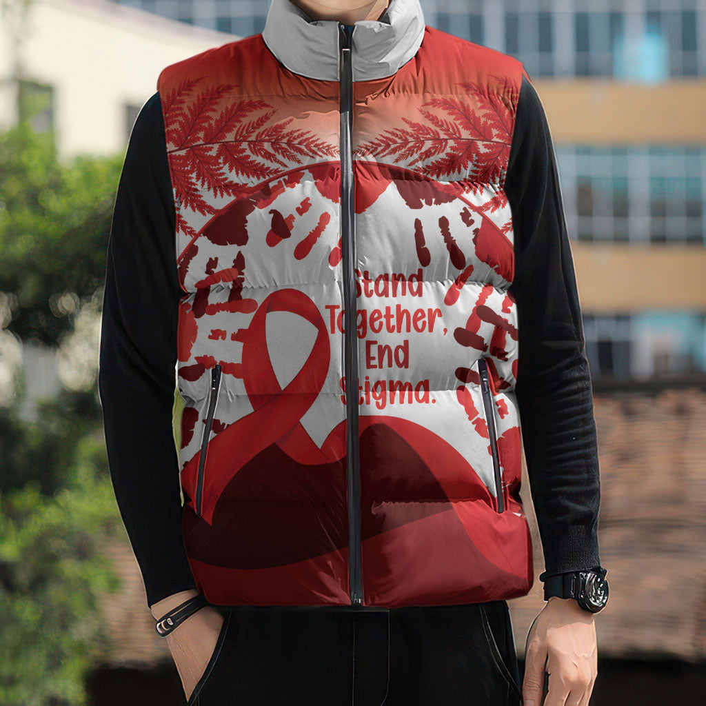 Red Ribbon Day New Zealand Sleeveless Puffer Jacket Stand Together End Stigma NZ Fern