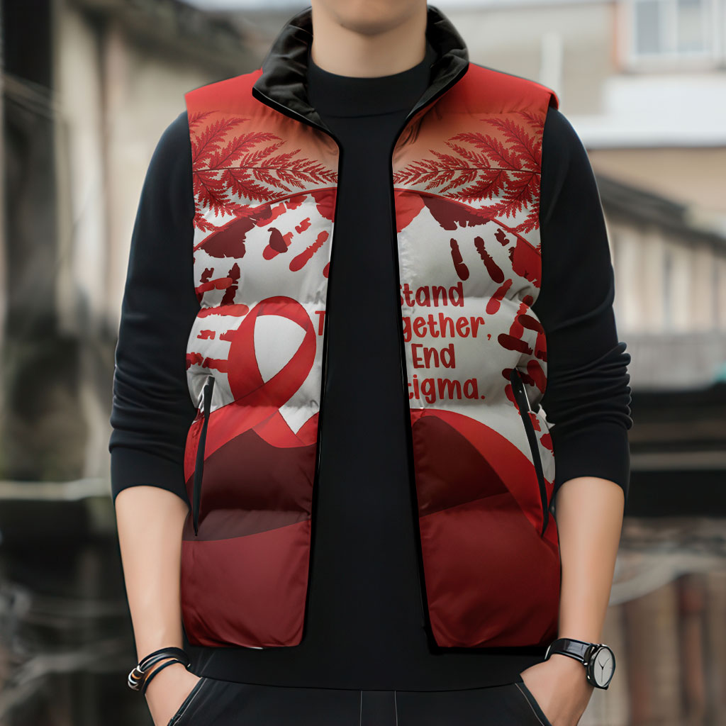 Red Ribbon Day New Zealand Sleeveless Puffer Jacket Stand Together End Stigma NZ Fern