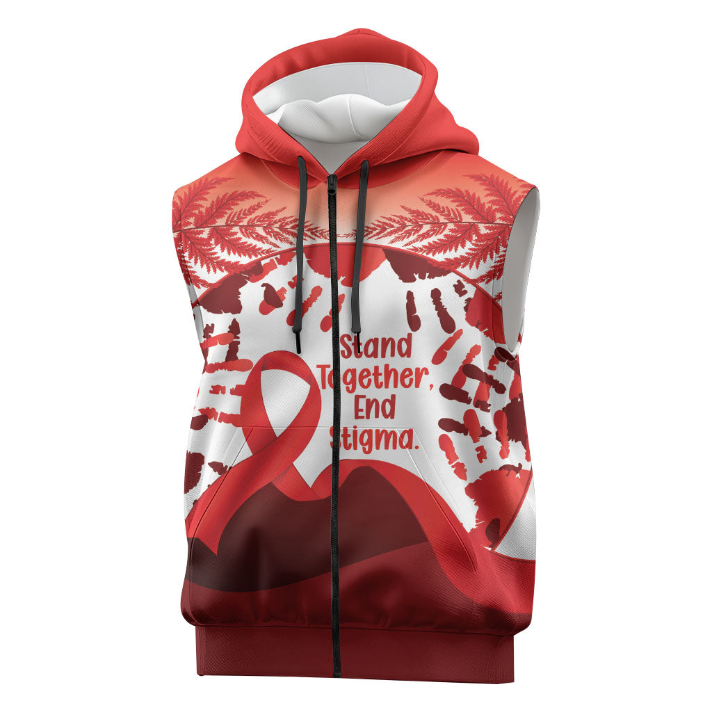 Red Ribbon Day New Zealand Sleeveless Zip Hoodie Stand Together End Stigma NZ Fern