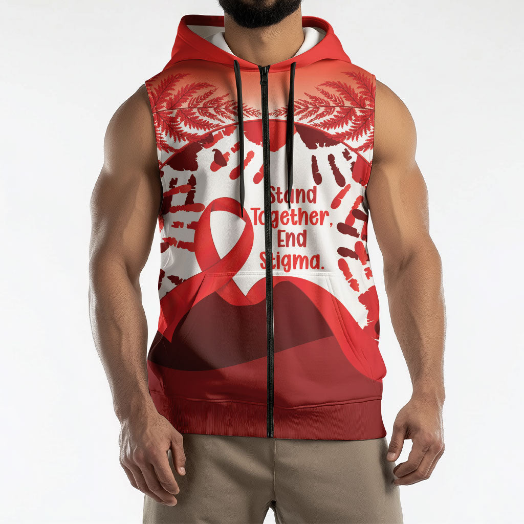 Red Ribbon Day New Zealand Sleeveless Zip Hoodie Stand Together End Stigma NZ Fern