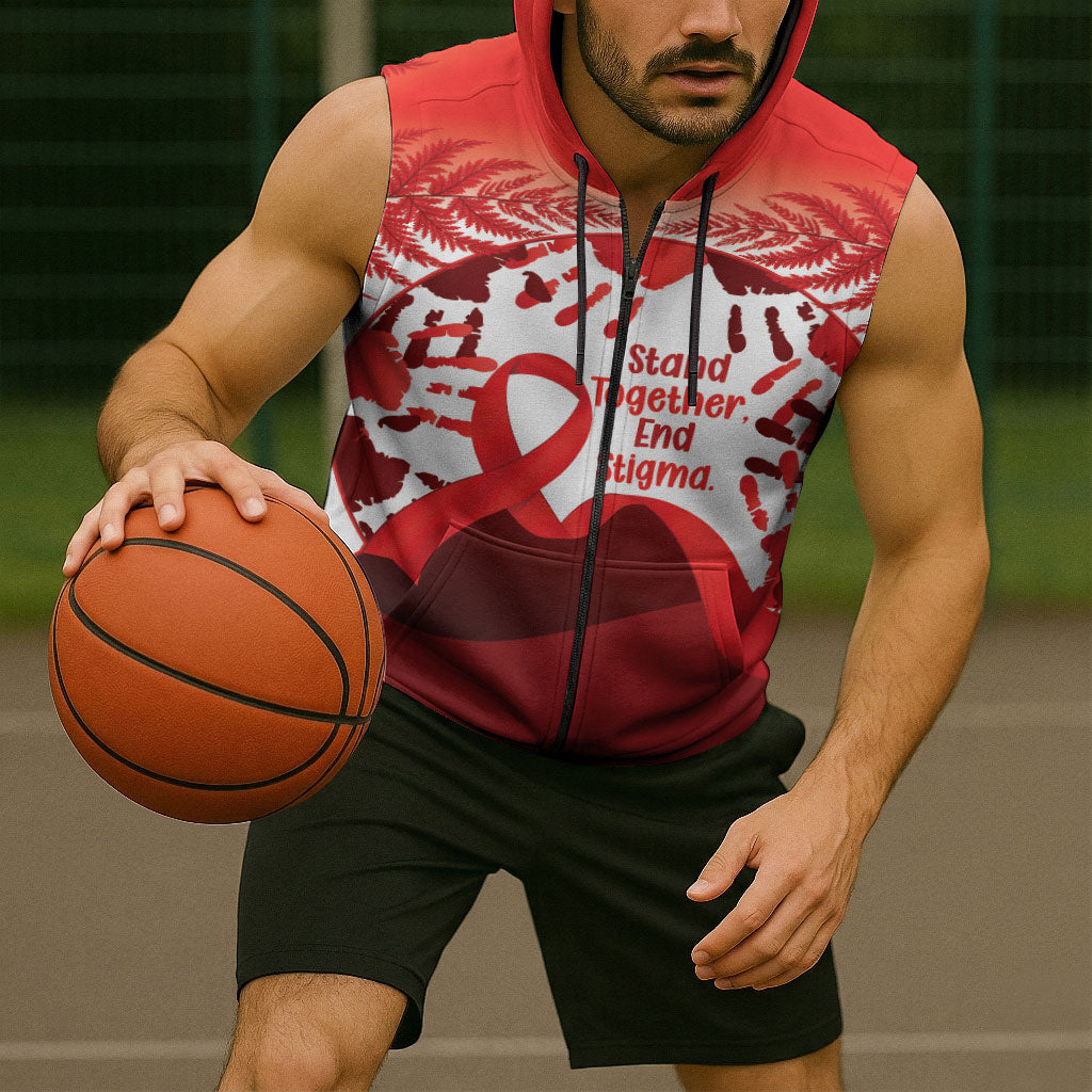 Red Ribbon Day New Zealand Sleeveless Zip Hoodie Stand Together End Stigma NZ Fern