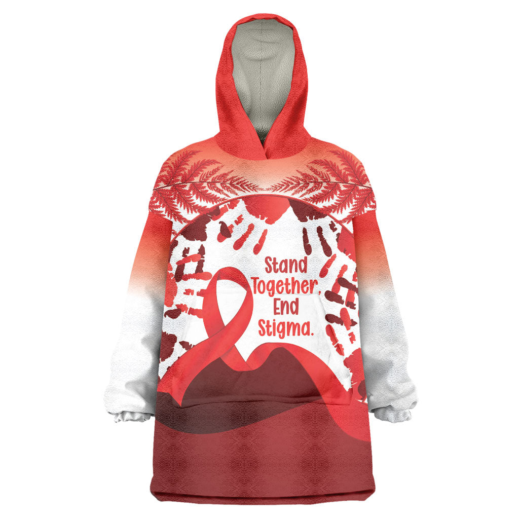 Red Ribbon Day New Zealand Wearable Blanket Hoodie Stand Together End Stigma NZ Fern