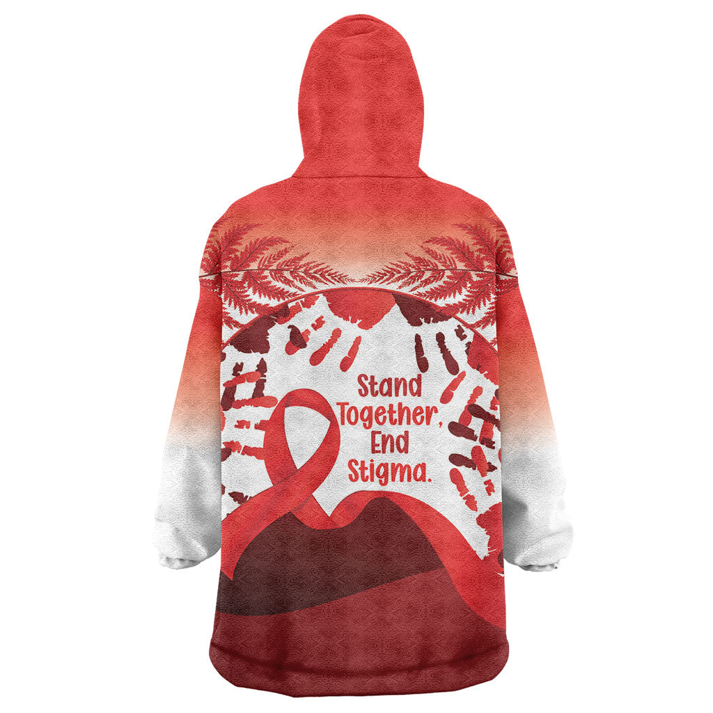 Red Ribbon Day New Zealand Wearable Blanket Hoodie Stand Together End Stigma NZ Fern