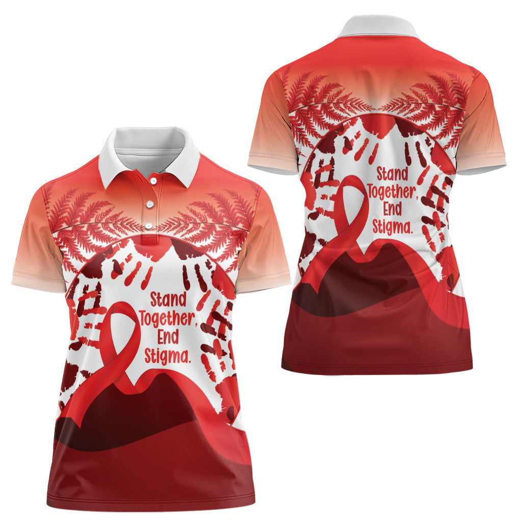 Red Ribbon Day New Zealand Women Polo Shirt Stand Together End Stigma NZ Fern