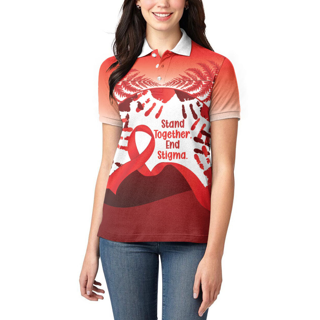 Red Ribbon Day New Zealand Women Polo Shirt Stand Together End Stigma NZ Fern