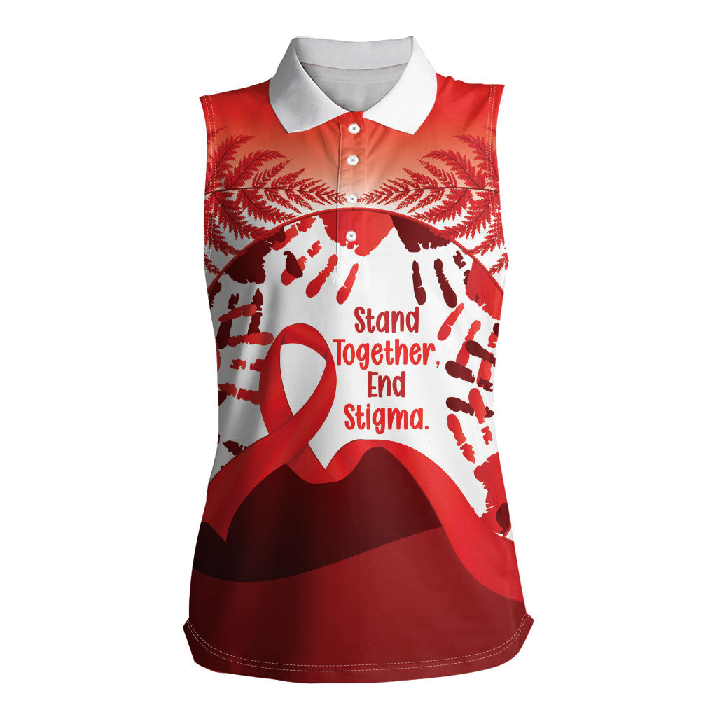 Red Ribbon Day New Zealand Women Sleeveless Polo Shirt Stand Together End Stigma NZ Fern