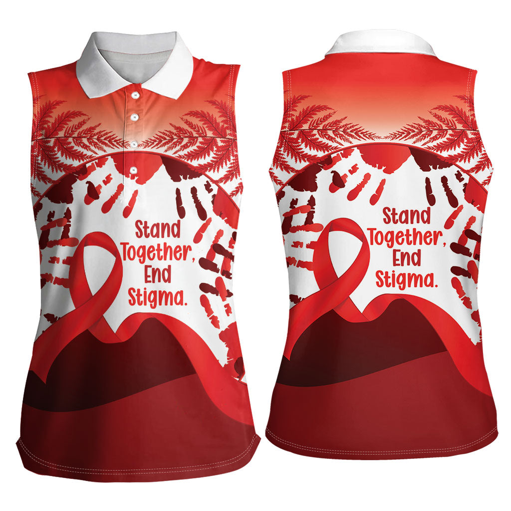 Red Ribbon Day New Zealand Women Sleeveless Polo Shirt Stand Together End Stigma NZ Fern