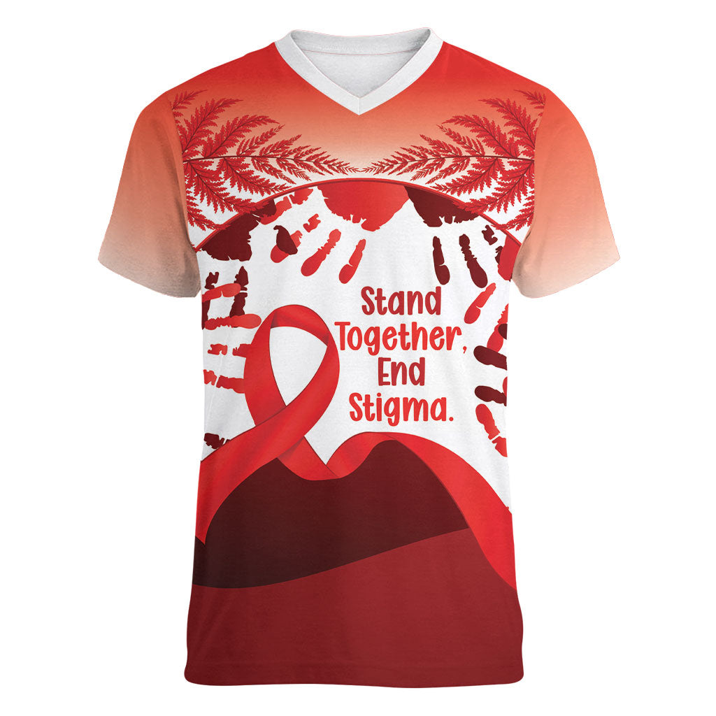 Red Ribbon Day New Zealand Women V-Neck T-Shirt Stand Together End Stigma NZ Fern