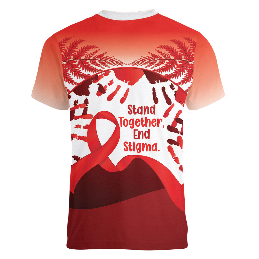 Red Ribbon Day New Zealand Women V-Neck T-Shirt Stand Together End Stigma NZ Fern