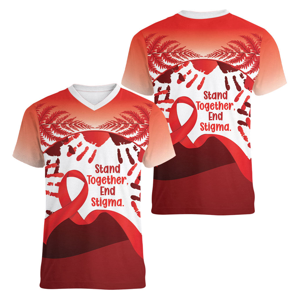 Red Ribbon Day New Zealand Women V-Neck T-Shirt Stand Together End Stigma NZ Fern