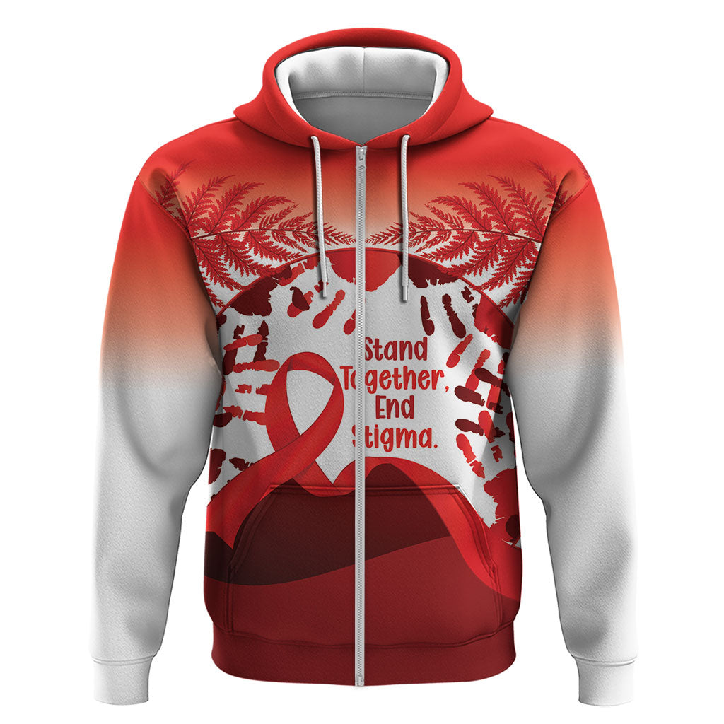 Red Ribbon Day New Zealand Zip Hoodie Stand Together End Stigma NZ Fern