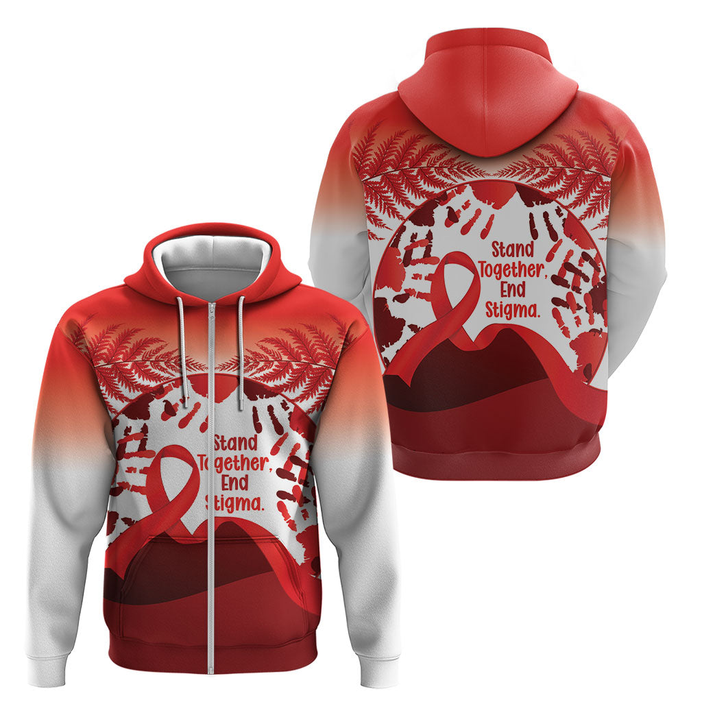 Red Ribbon Day New Zealand Zip Hoodie Stand Together End Stigma NZ Fern