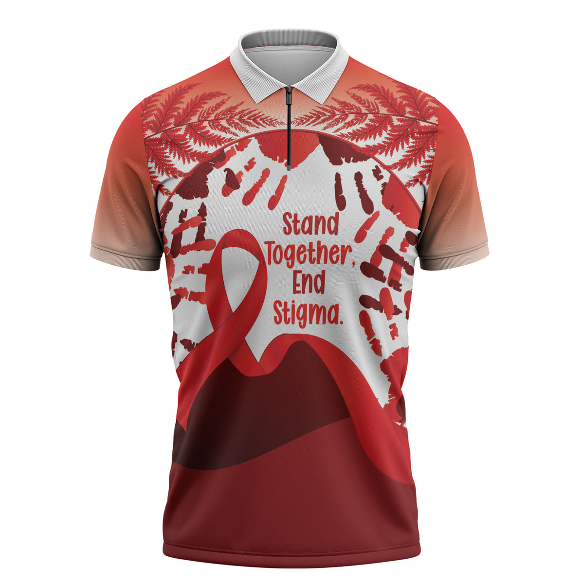 Red Ribbon Day New Zealand Zipper Polo Shirt Stand Together End Stigma NZ Fern