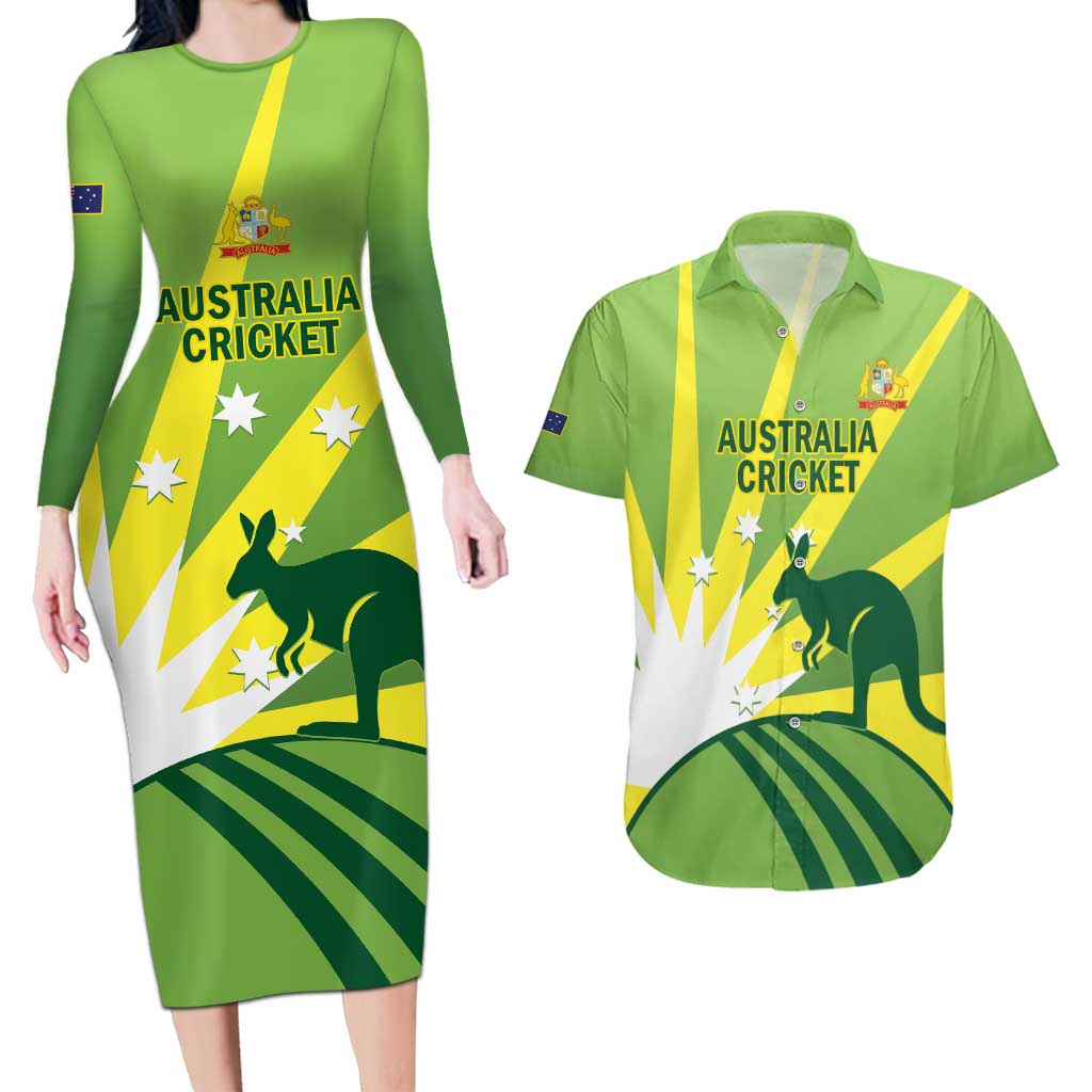 Custom Australia Cricket Couples Matching Long Sleeve Bodycon Dress and Hawaiian Shirt Go Champions Aussies
