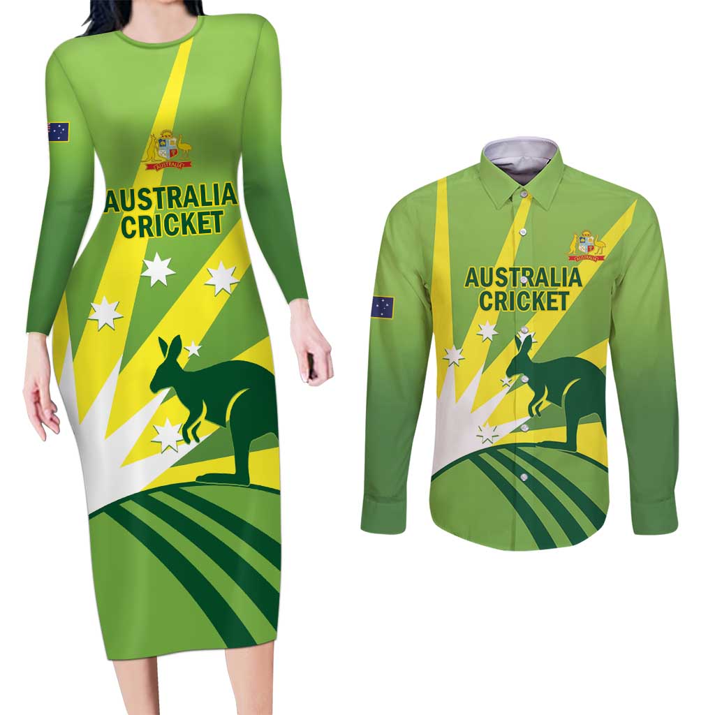 Custom Australia Cricket Couples Matching Long Sleeve Bodycon Dress and Long Sleeve Button Shirt Go Champions Aussies