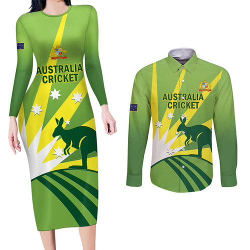 Custom Australia Cricket Couples Matching Long Sleeve Bodycon Dress and Long Sleeve Button Shirt Go Champions Aussies