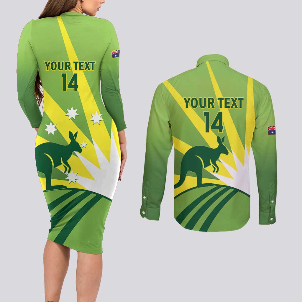 Custom Australia Cricket Couples Matching Long Sleeve Bodycon Dress and Long Sleeve Button Shirt Go Champions Aussies