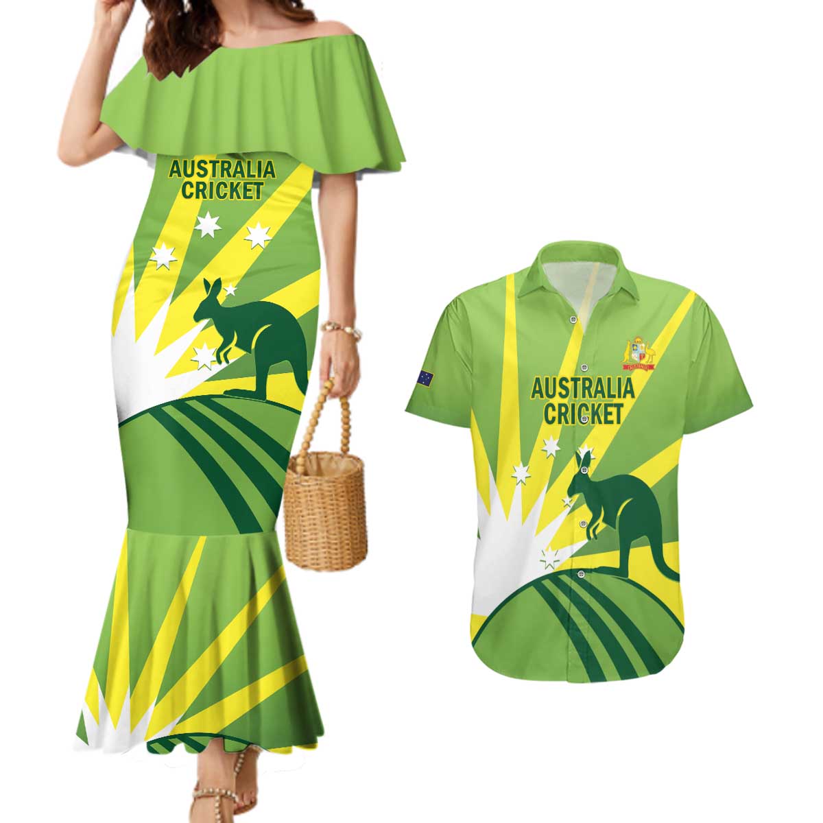 Custom Australia Cricket Couples Matching Mermaid Dress and Hawaiian Shirt Go Champions Aussies