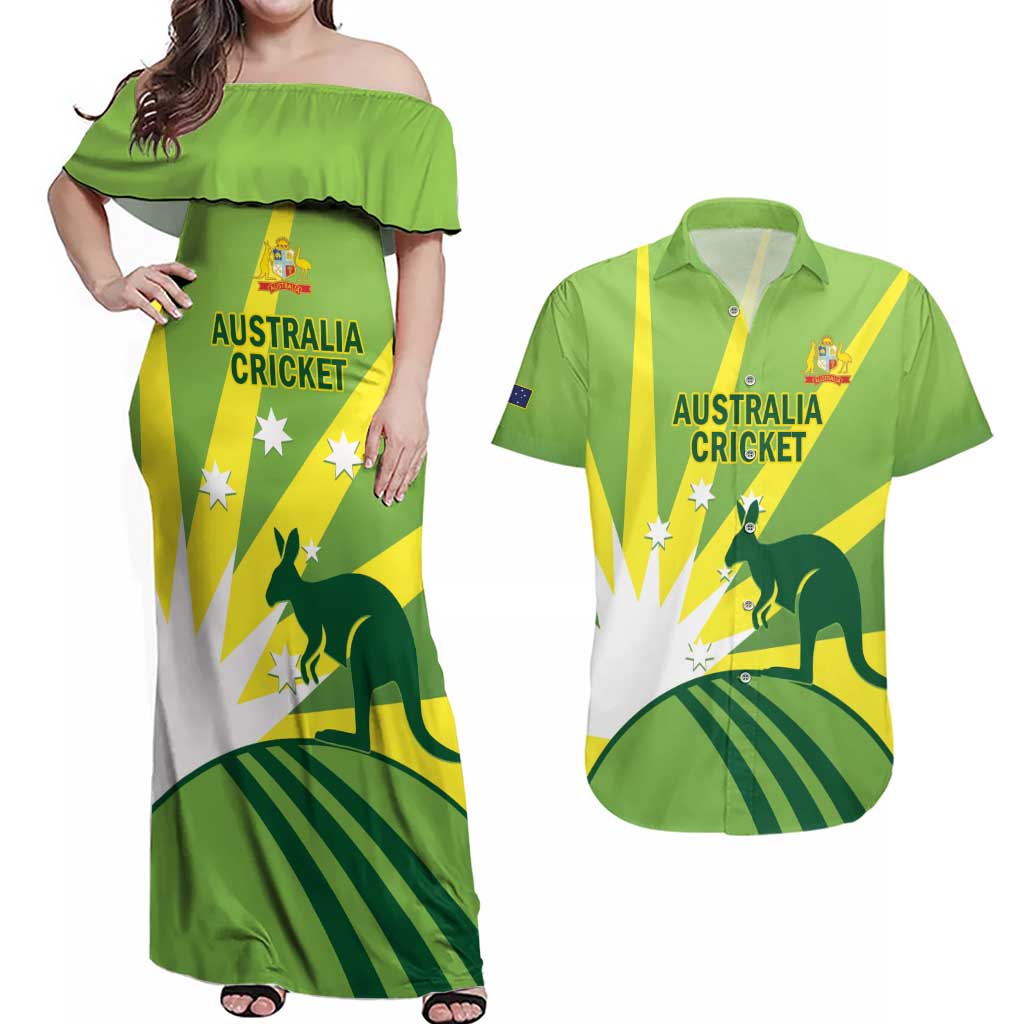 Custom Australia Cricket Couples Matching Off Shoulder Maxi Dress and Hawaiian Shirt Go Champions Aussies