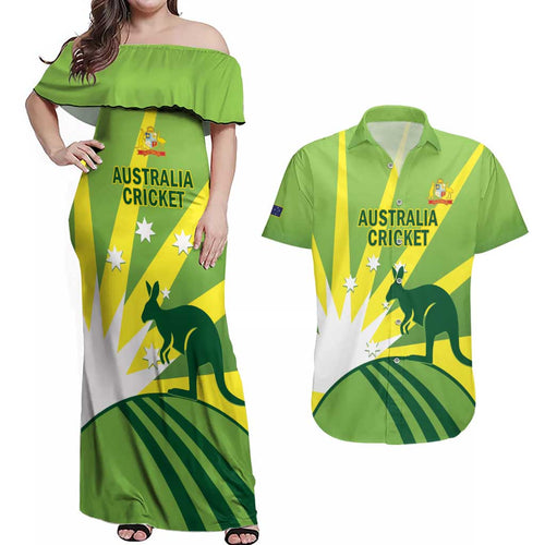 Custom Australia Cricket Couples Matching Off Shoulder Maxi Dress and Hawaiian Shirt Go Champions Aussies