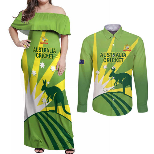 Custom Australia Cricket Couples Matching Off Shoulder Maxi Dress and Long Sleeve Button Shirt Go Champions Aussies