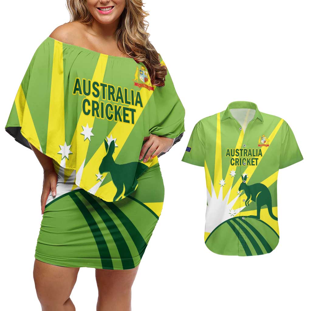 Custom Australia Cricket Couples Matching Off Shoulder Short Dress and Hawaiian Shirt Go Champions Aussies