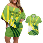Custom Australia Cricket Couples Matching Off Shoulder Short Dress and Hawaiian Shirt Go Champions Aussies