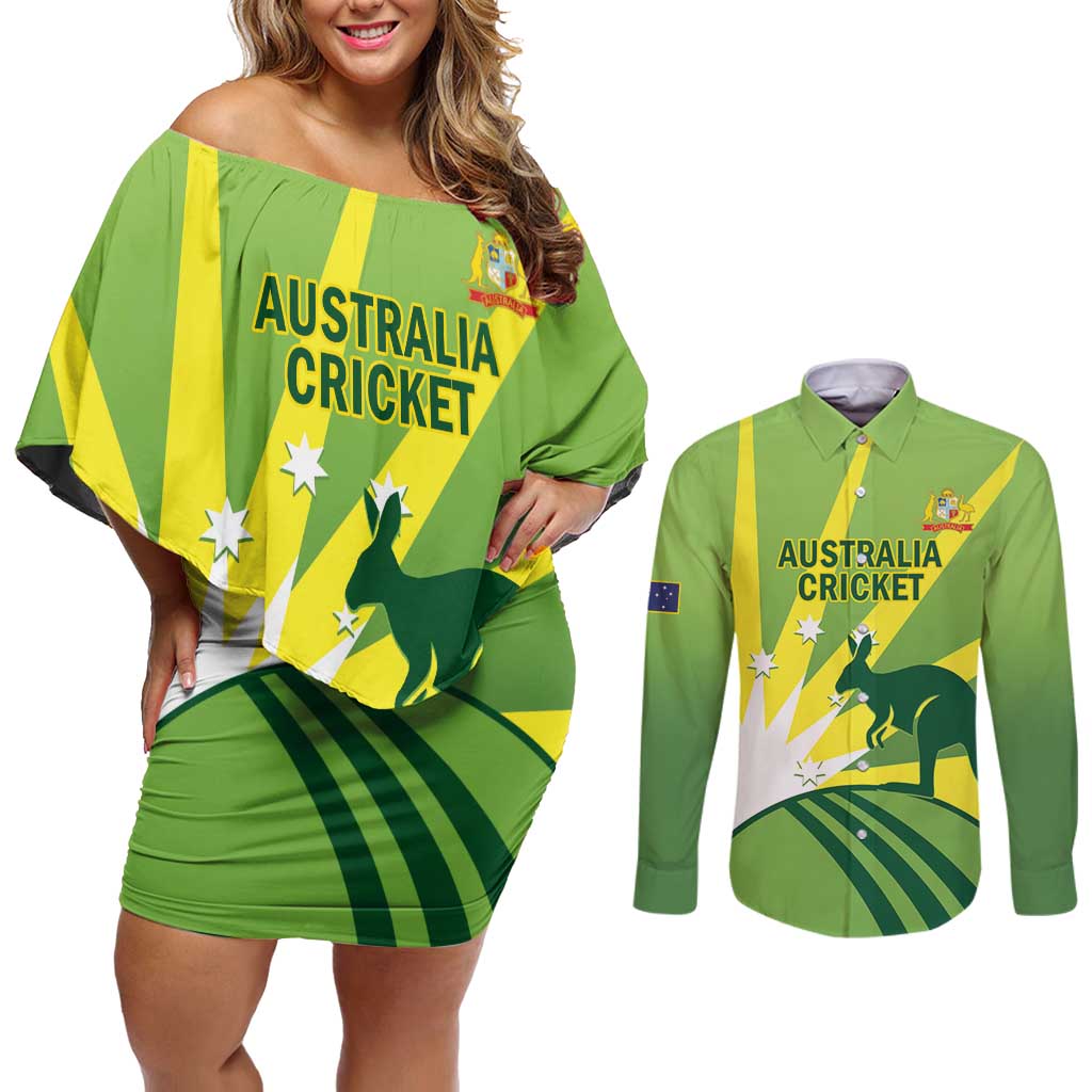 Custom Australia Cricket Couples Matching Off Shoulder Short Dress and Long Sleeve Button Shirt Go Champions Aussies