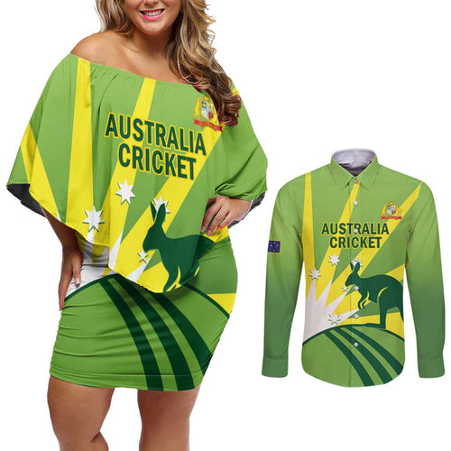Custom Australia Cricket Couples Matching Off Shoulder Short Dress and Long Sleeve Button Shirt Go Champions Aussies