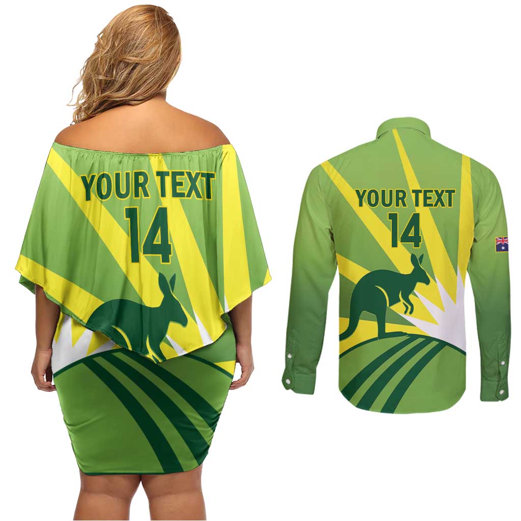 Custom Australia Cricket Couples Matching Off Shoulder Short Dress and Long Sleeve Button Shirt Go Champions Aussies