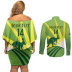 Custom Australia Cricket Couples Matching Off Shoulder Short Dress and Long Sleeve Button Shirt Go Champions Aussies