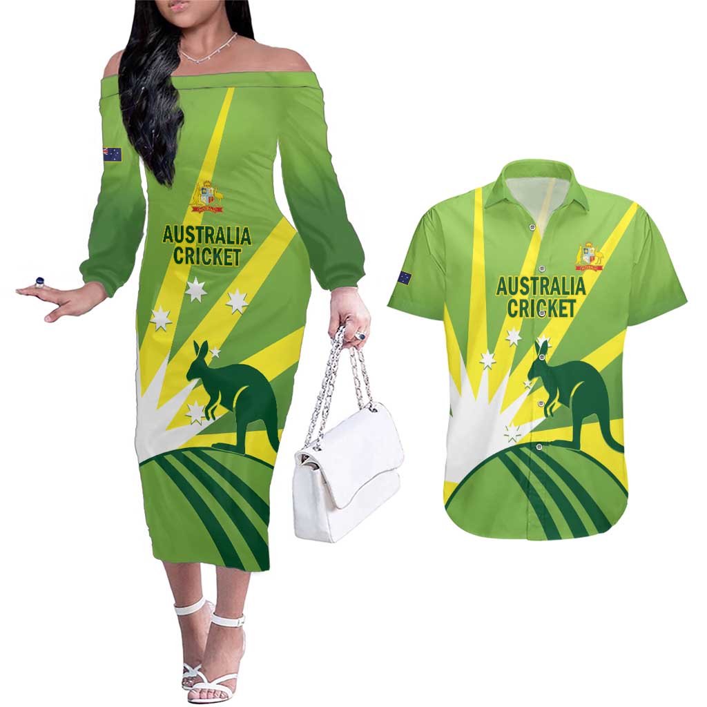 Custom Australia Cricket Couples Matching Off The Shoulder Long Sleeve Dress and Hawaiian Shirt Go Champions Aussies