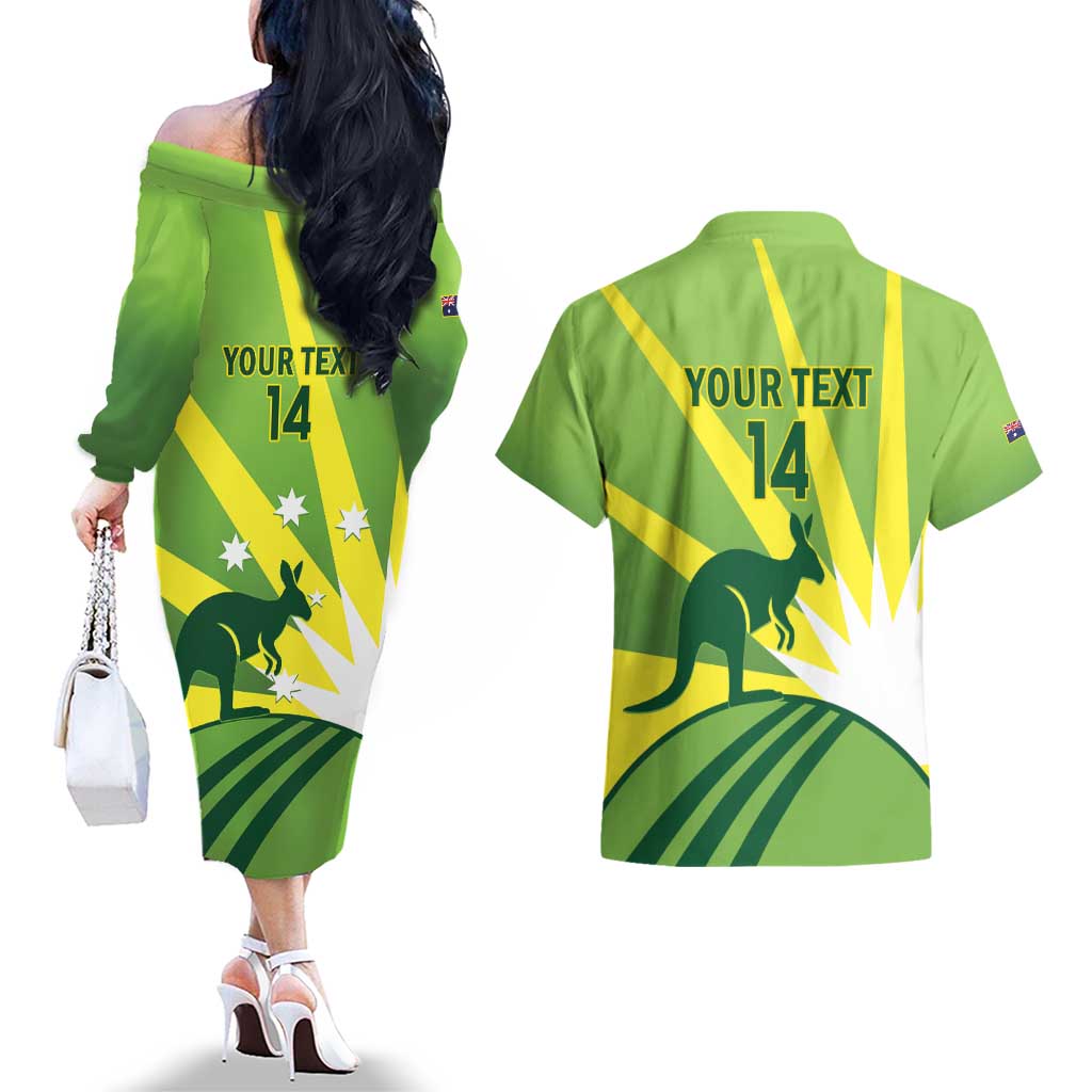 Custom Australia Cricket Couples Matching Off The Shoulder Long Sleeve Dress and Hawaiian Shirt Go Champions Aussies