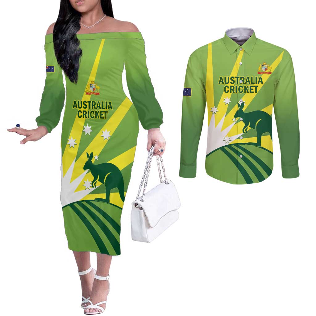 Custom Australia Cricket Couples Matching Off The Shoulder Long Sleeve Dress and Long Sleeve Button Shirt Go Champions Aussies
