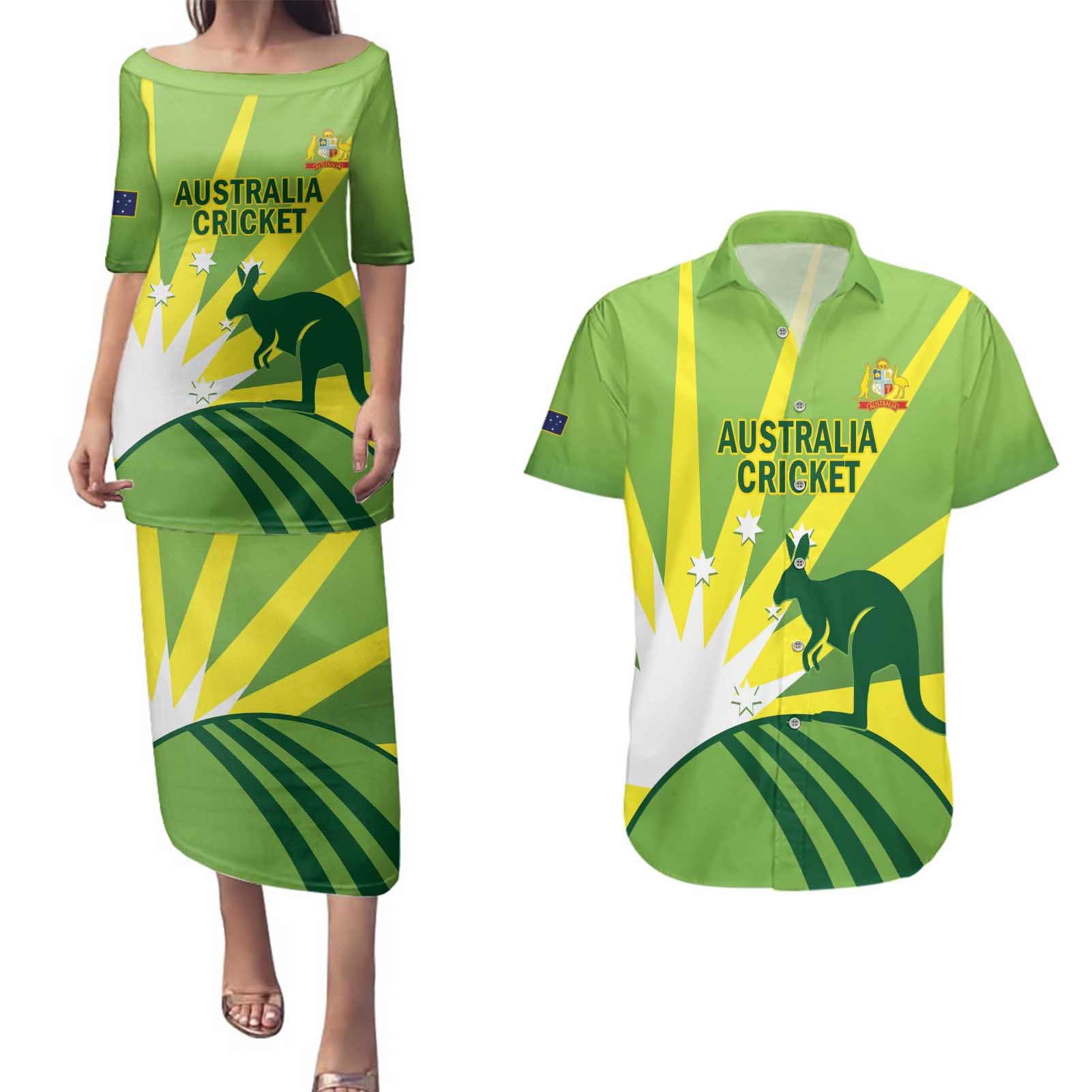 Custom Australia Cricket Couples Matching Puletasi and Hawaiian Shirt Go Champions Aussies