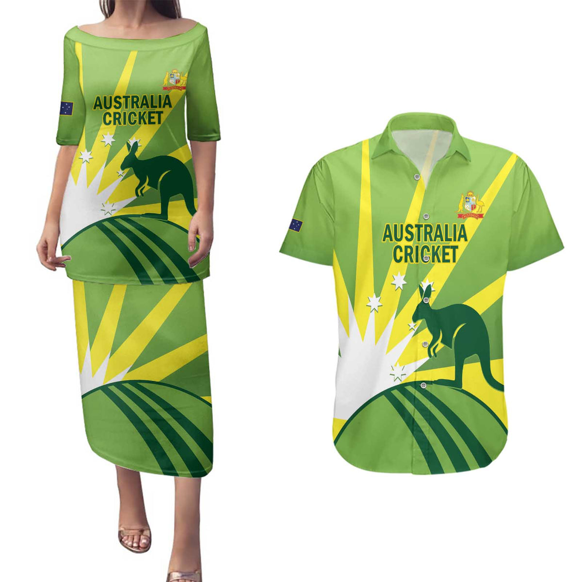Custom Australia Cricket Couples Matching Puletasi and Hawaiian Shirt Go Champions Aussies