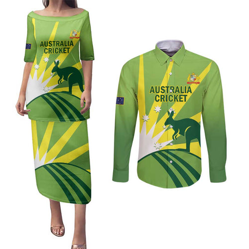 Custom Australia Cricket Couples Matching Puletasi and Long Sleeve Button Shirt Go Champions Aussies