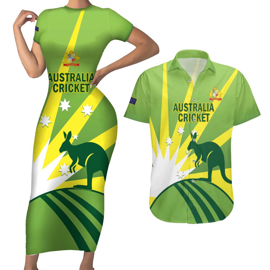 Custom Australia Cricket Couples Matching Short Sleeve Bodycon Dress and Hawaiian Shirt Go Champions Aussies