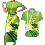 Custom Australia Cricket Couples Matching Short Sleeve Bodycon Dress and Hawaiian Shirt Go Champions Aussies