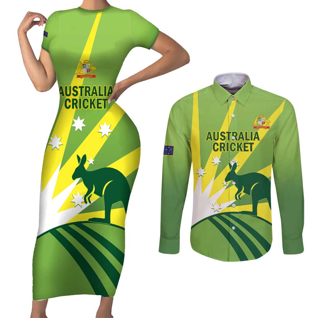 Custom Australia Cricket Couples Matching Short Sleeve Bodycon Dress and Long Sleeve Button Shirt Go Champions Aussies