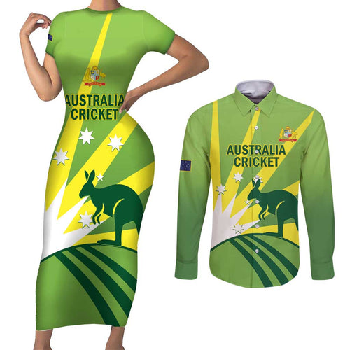 Custom Australia Cricket Couples Matching Short Sleeve Bodycon Dress and Long Sleeve Button Shirt Go Champions Aussies