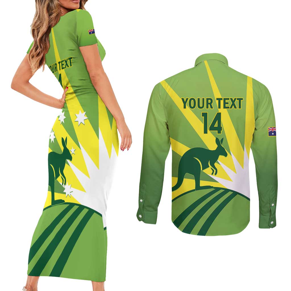 Custom Australia Cricket Couples Matching Short Sleeve Bodycon Dress and Long Sleeve Button Shirt Go Champions Aussies
